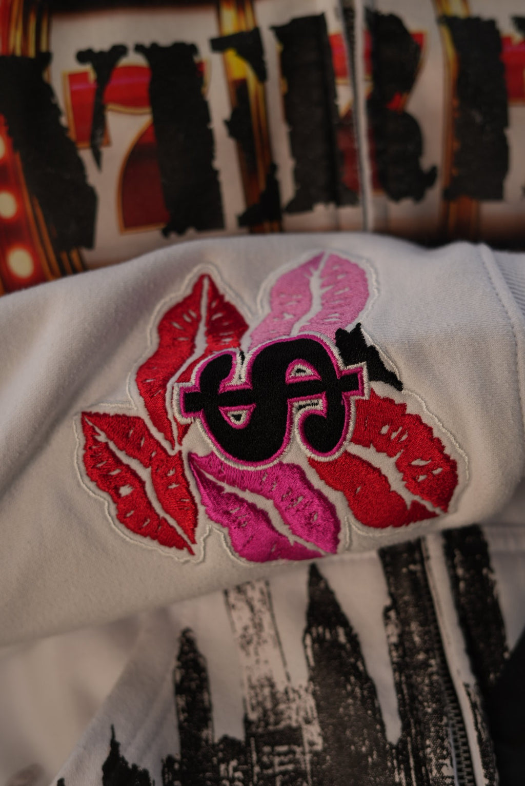 OVERDUE Zip-Up Hoodie in White — heavy-weight full-zip hoodie with OVERDUE casino slot graphic — product photo 7
