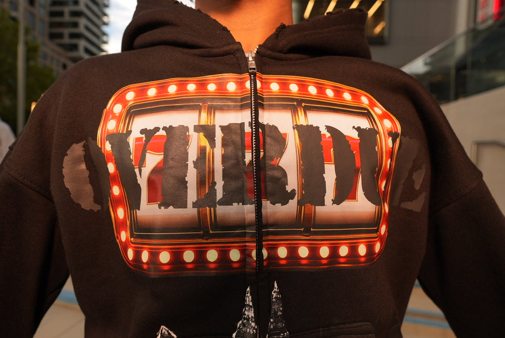 OVERDUE Zip-Up Hoodie in Black — heavy-weight full-zip hoodie with OVERDUE casino slot graphic — product photo 7